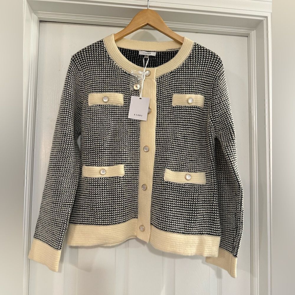 Sioni button Cardigan Sweater black ivory size medium NWT